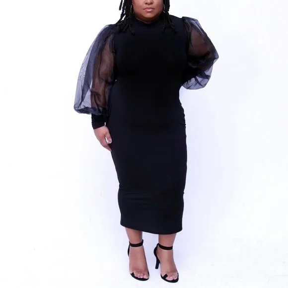 black sheer dress plus size Regency Era Black Empire Waist Dress with Sheer Puff Sleeves and Tonal Embroidery – Bridgerton Inspired Vintage Gown Plus Size main image 1